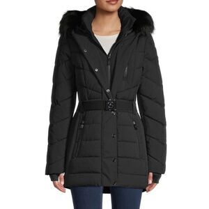 Michael Michael Kors Belted Puffer Faux Fur Trim Hooded Coat Jacket Black S